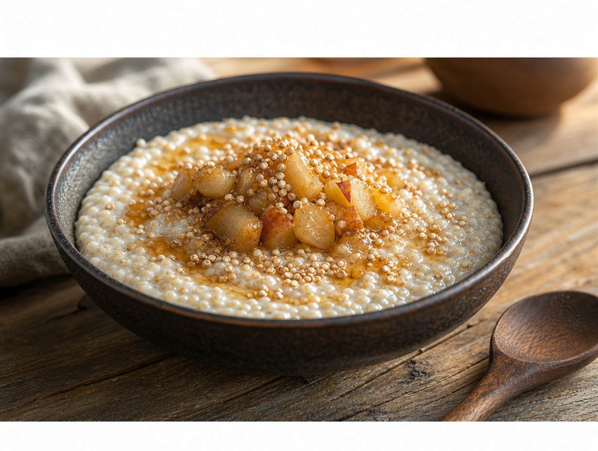 Schale mit cremigem Amaranthbrei, darauf Apfelmus, Honig und knuspriger gepoppter Amaranth