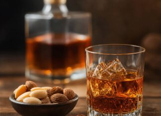 Wie schmeckt Amaretto? Glas mit bernsteinbraunem Amaretto auf Eis, davor eine Schale mit blanchierten Mandeln und Aprikosenkernen, dahinter eine eckige Likörkaraffe