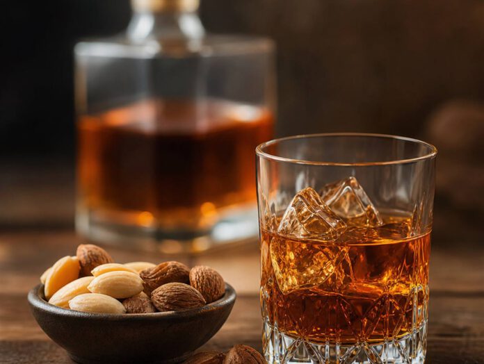 Glas mit bernsteinbraunem Amaretto auf Eis, davor eine Schale mit blanchierten Mandeln und Aprikosenkernen, dahinter eine eckige Likörkaraffe