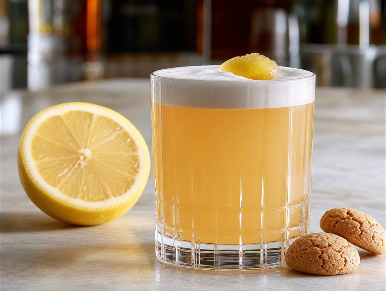 Amaretto Sour in einem Tumbler mit weißer Schaumkrone und Zitronenzeste, daneben eine halbierte Zitrone und zwei Amaretti-Gebäckstücke