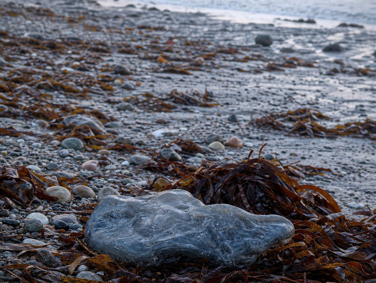 Grauer wächserner Ambraklumpen liegt angespült am Strand zwischen Tang und Kieseln