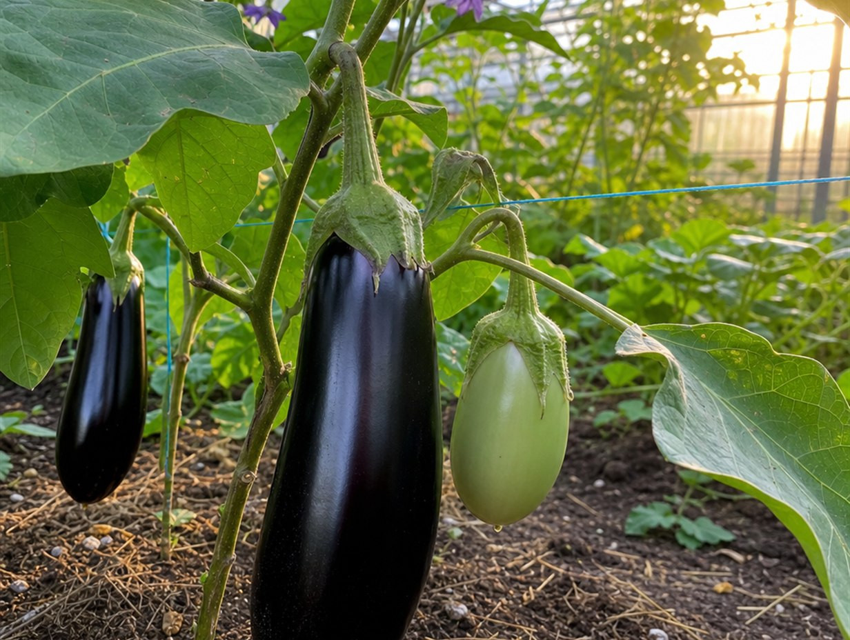 Auberginenpflanze mit reifen dunkelvioletten und einer kleineren unreifen grünlichen Frucht