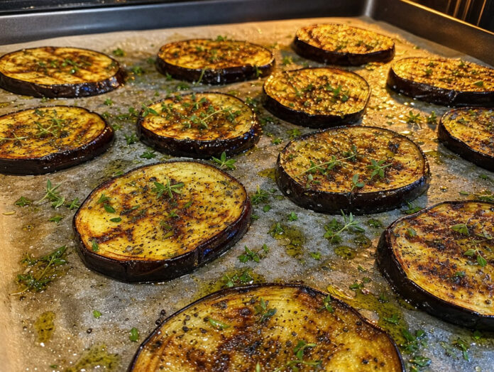 Gegrillte Auberginenscheiben auf dem Blech Goldbraun gegrillte Auberginenscheiben mit Olivenöl und Kräutern auf einem Backblech