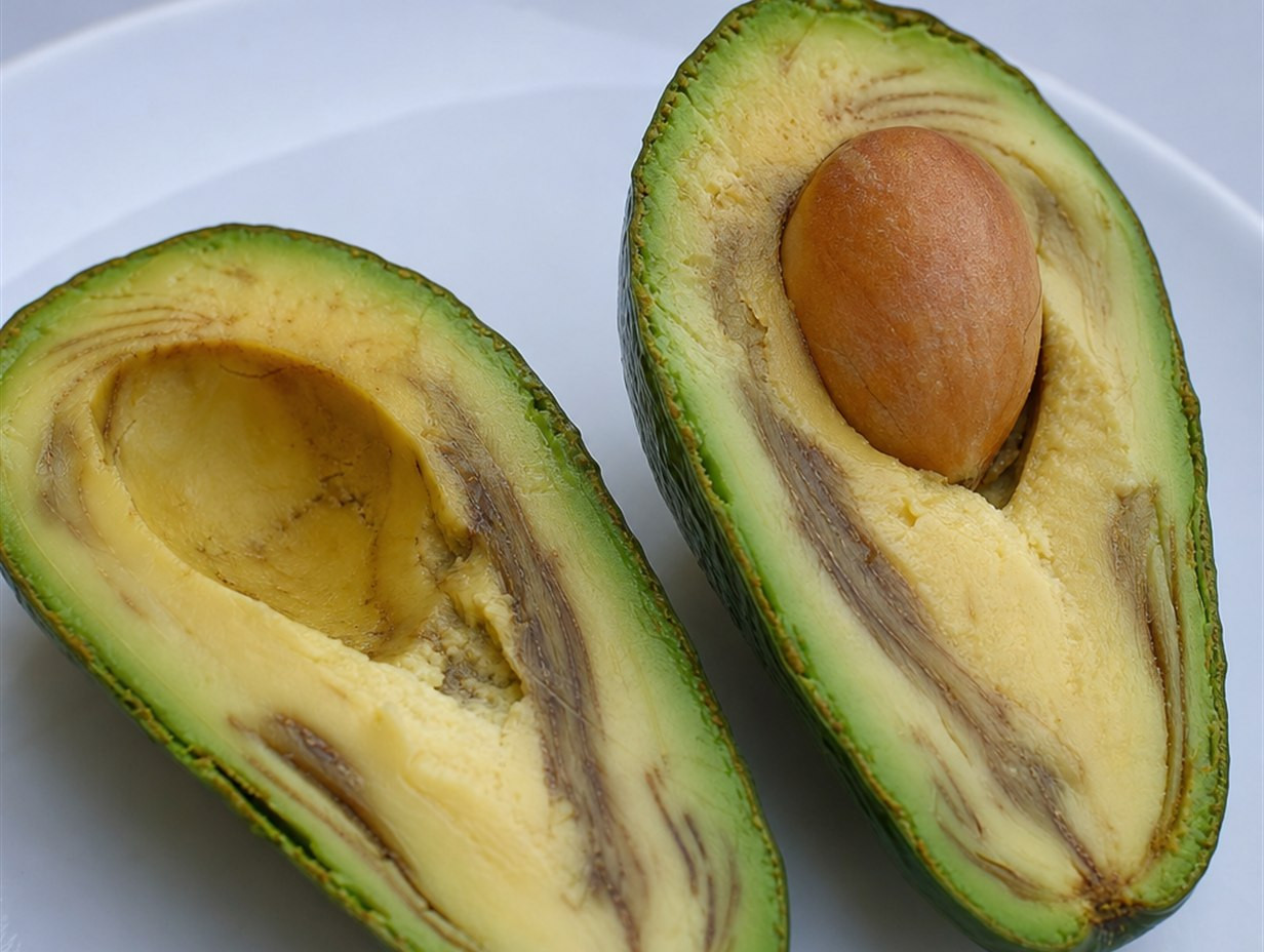 Aufgeschnittene Avocado mit graubraunen faserigen Stellen im Fruchtfleisch