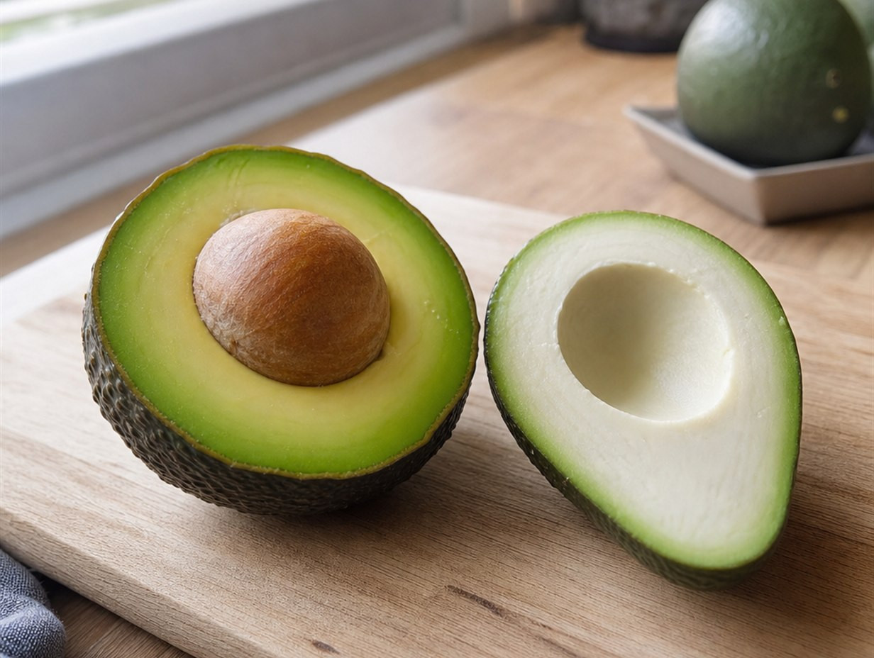 Halbierte reife Avocado mit Kern neben einer helleren unreifen Avocadohälfte