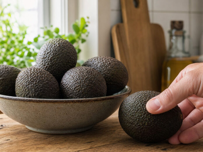 Avocados in der Schale mit Reifeprüfung Ganze Avocados in einer Schale, eine wird mit dem Daumen auf Reife geprüft