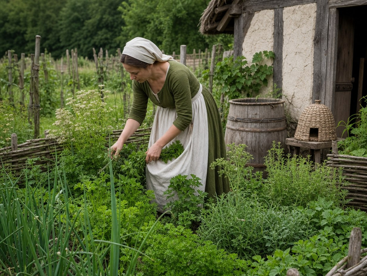 Frau erntet Petersilie und Liebstöckel in einem eingezäunten Kräuter- und Gemüsegarten neben einem einfachen Fachwerkhaus mit Bienenkorb