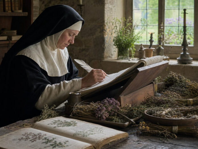 Nonne in schwarzer Kutte schreibt mit einer Feder an einem Schreibpult, daneben getrocknete Heilkräuter und ein aufgeschlagenes Kräuterbuch