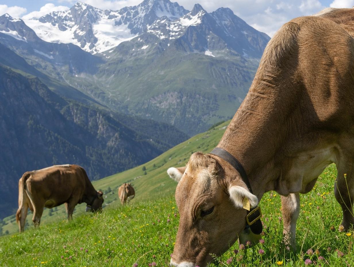 Braune Kühe auf einer steilen grünen Bergwiese mit Wildblumen, dahinter schneebedeckte Alpengipfel