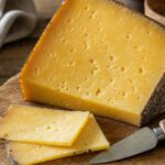 Goldgelbes Stück Bergkäse mit dunkler Naturrinde auf einem rustikalen Holzbrett, daneben dünne Scheiben