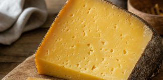Wie schmeckt Bergkäse? Goldgelbes Stück Bergkäse mit dunkler Naturrinde auf einem rustikalen Holzbrett, daneben dünne Scheiben