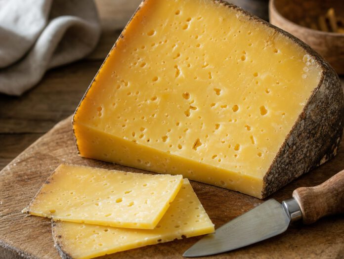 Goldgelbes Stück Bergkäse mit dunkler Naturrinde auf einem rustikalen Holzbrett, daneben dünne Scheiben