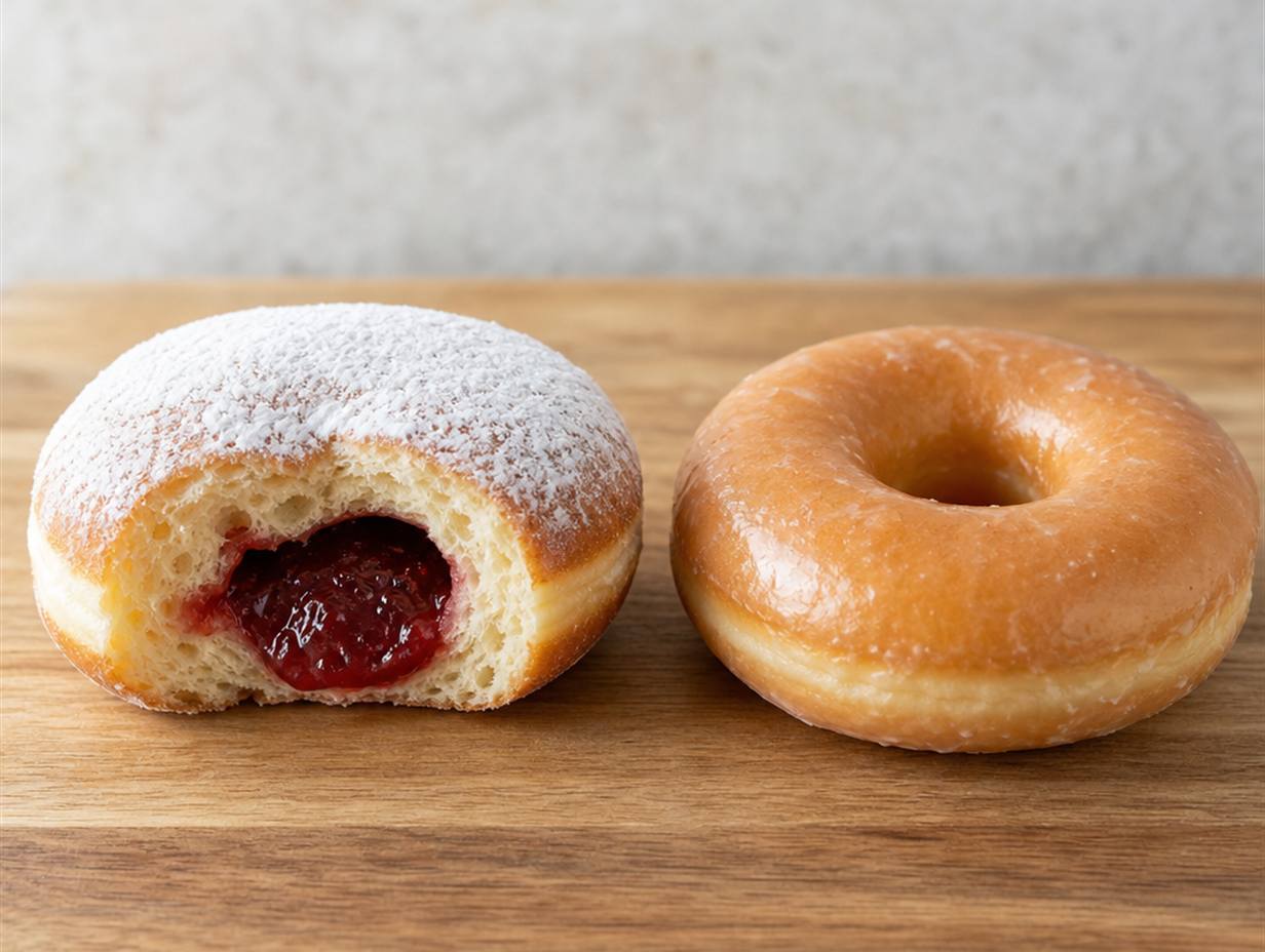 Links ein aufgeschnittener Berliner mit Marmeladenfüllung und Puderzucker, rechts ein glasierter Ringdonut