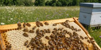 Weltbienentag und Tag des Honigs am 20. Mai: Zahlen und Regeln Honigbienen auf einer geöffneten Wabe mit verdeckelten Honigzellen, im Hintergrund eine Bienenbeute auf der Wiese