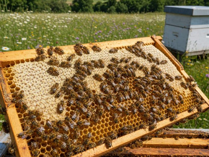 Honigbienen auf einer geöffneten Wabe mit verdeckelten Honigzellen, im Hintergrund eine Bienenbeute auf der Wiese