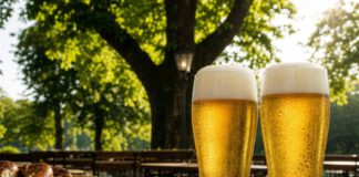 Tag des Bieres am 23. April: Was am Reinheitsgebot gefeiert wird Zwei Gläser frisch gezapftes helles Bier mit Schaumkrone auf einem Holztisch im Biergarten
