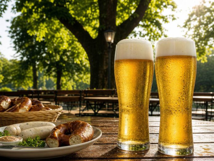 Zwei Gläser frisch gezapftes helles Bier mit Schaumkrone auf einem Holztisch im Biergarten