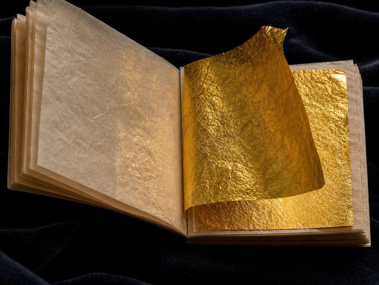 Geöffnetes Blattgoldbuch mit hauchdünnen Goldblättchen zwischen Seidenpapier