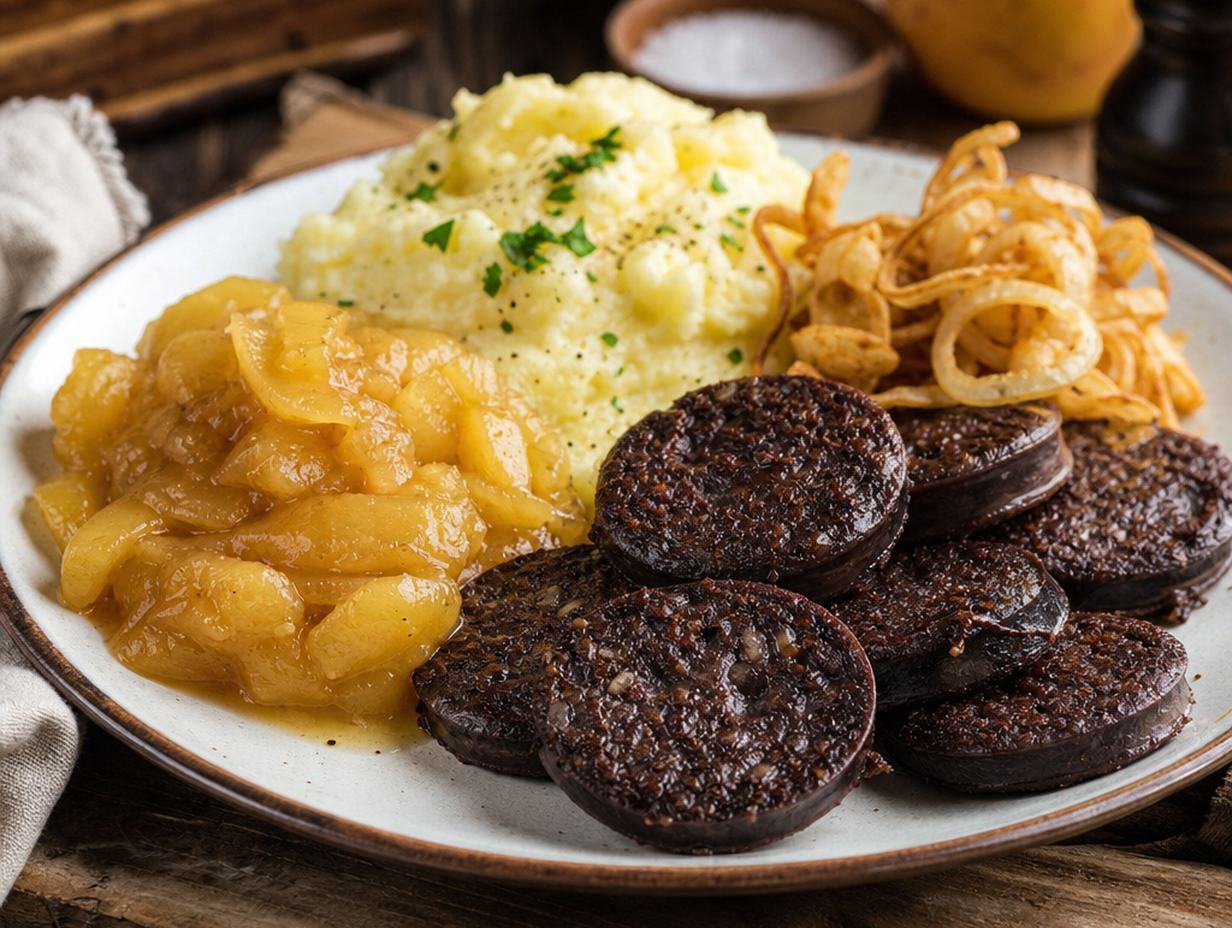 Teller mit gebratenen Blutwurstscheiben, Kartoffelpüree, Apfelkompott und gerösteten Zwiebelringen