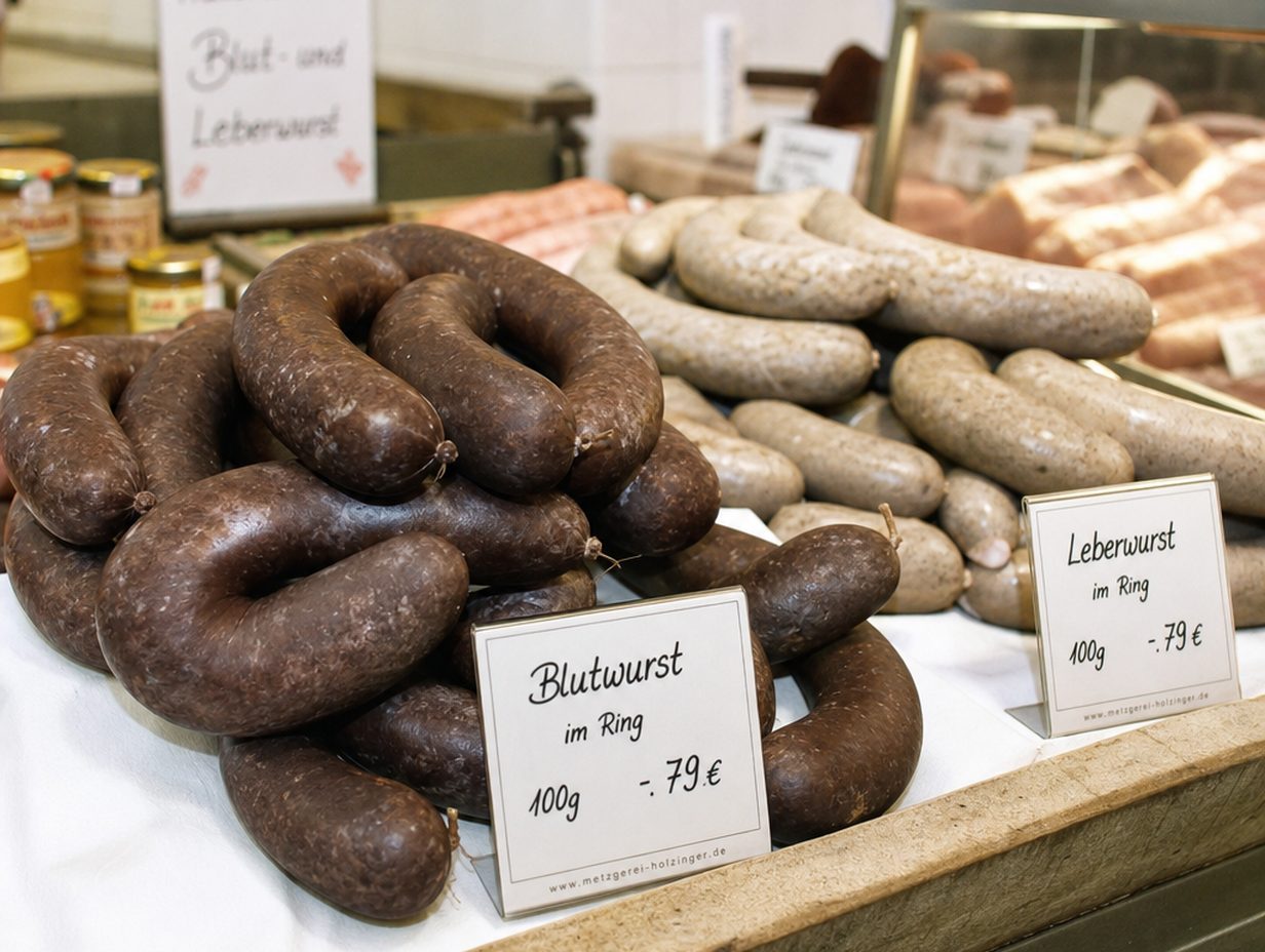 Theke einer traditionellen Metzgerei mit Ringen dunkler Blutwurst und Leberwurst auf weißem Papier