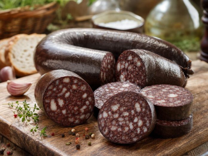Dicke Scheiben dunkler Blutwurst auf einem Holzbrett, die dunkle Masse ist mit weißen Fettwürfeln durchsetzt