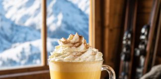 Was ist Bombardino? Glasbecher mit Henkel voll heißem gelbem Bombardino und hoher Sahnehaube mit Zimt, auf einem Holztisch vor einem Fenster mit verschneiten Bergen