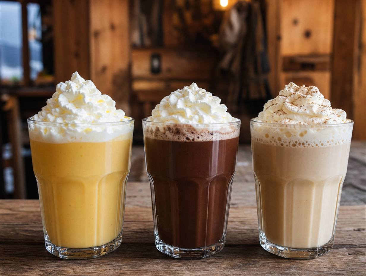 Drei Gläser mit heißen Eierlikörgetränken und Sahnehauben auf einem Holztresen, links gelb, in der Mitte dunkelbraun mit Kaffee, rechts hell mit Muskat