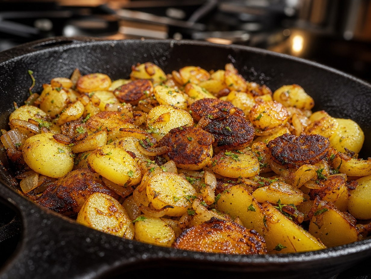 Bratkartoffeln in einer gusseisernen Pfanne mit einzelnen stark gebräunten Scheiben