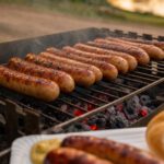 Thüringer Bratwürste mit gebräunten Naturdärmen über glühender Holzkohle auf einem Grillrost