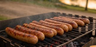 Tag der Bratwurst am 16. August: Herkunft und geschützte Sorten Thüringer Bratwürste mit gebräunten Naturdärmen über glühender Holzkohle auf einem Grillrost