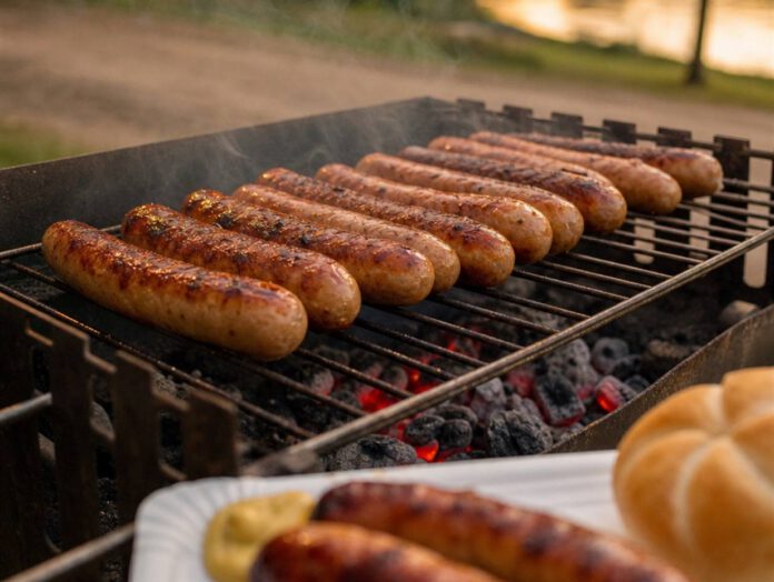 Thüringer Bratwürste mit gebräunten Naturdärmen über glühender Holzkohle auf einem Grillrost