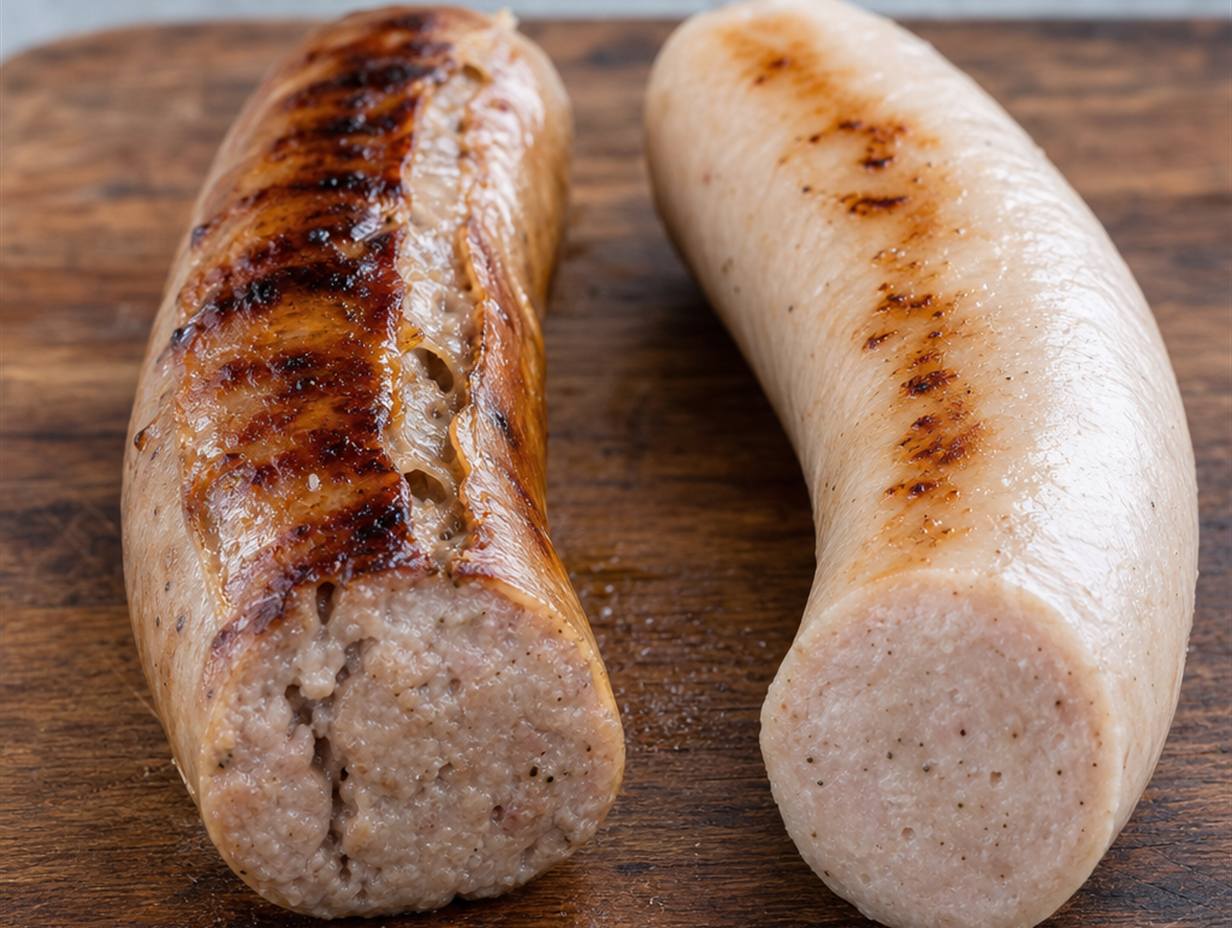 Zwei gebratene Würste nebeneinander, links mit aufgeplatztem Naturdarm und Röstspuren, rechts ohne Darm mit glatter heller Oberfläche