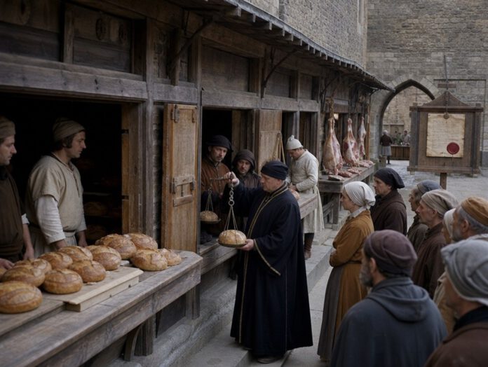Städtischer Beamter wiegt vor Zuschauern ein Brot auf einer Balkenwaage, dahinter Bäckerläden mit ausgelegten Laiben und Fleischbänke
