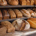 Verschiedene Brotlaibe im Holzregal einer Bäckerei, von dunklem Roggenbrot bis zu hellem Weizenbrot, ein Laib aufgeschnitten