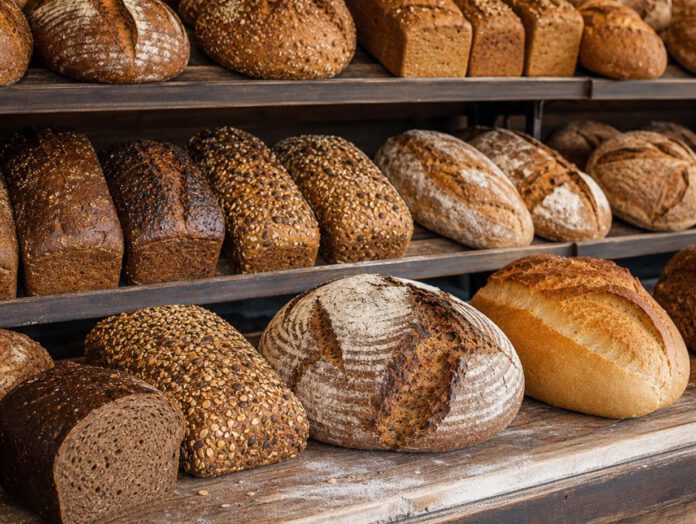 Verschiedene Brotlaibe im Holzregal einer Bäckerei, von dunklem Roggenbrot bis zu hellem Weizenbrot, ein Laib aufgeschnitten