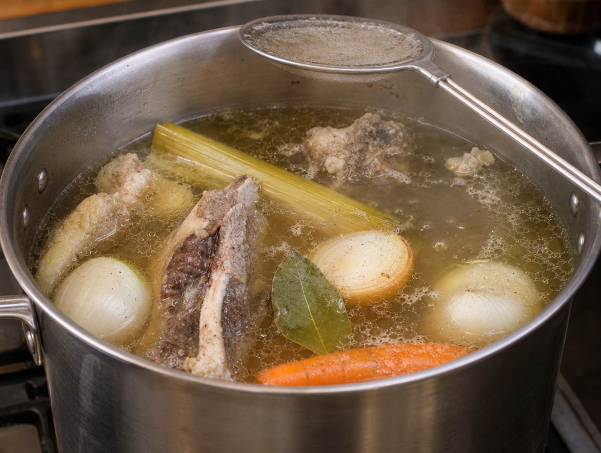 Großer Topf mit ziehender Brühe, Rinderknochen, Karotte, Lauch und Zwiebelhälften unter der Oberfläche