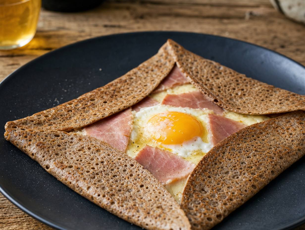 Zusammengefaltete bretonische Galette aus grau gesprenkeltem Buchweizenteig mit Ei, Käse und Schinken