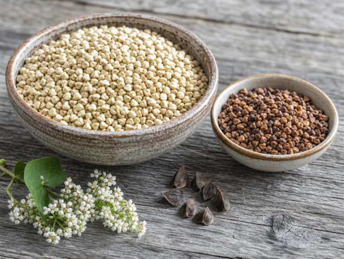 Schale mit hellem ungeröstetem Buchweizen neben einer kleineren Schale mit dunklem geröstetem Buchweizen und dreikantigen Schalen