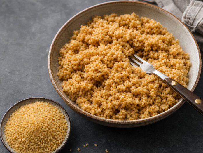 Schale mit gekochtem goldbraunem Bulgur mit deutlich erkennbaren einzelnen Körnern, daneben roher Bulgur