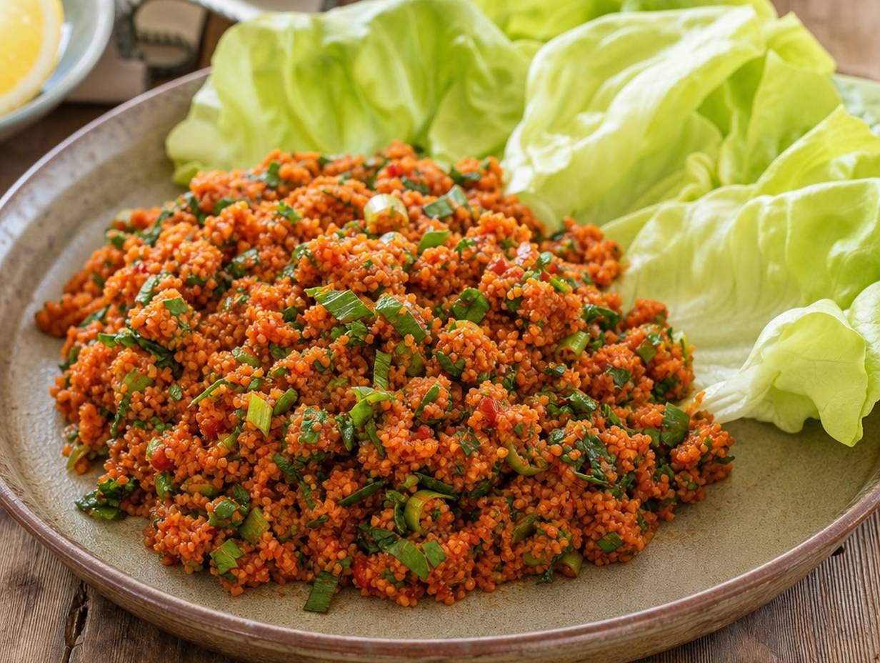 Teller mit rötlichem türkischem Bulgursalat Kisir mit Tomatenmark, Petersilie und Frühlingszwiebeln, daneben Salatblätter