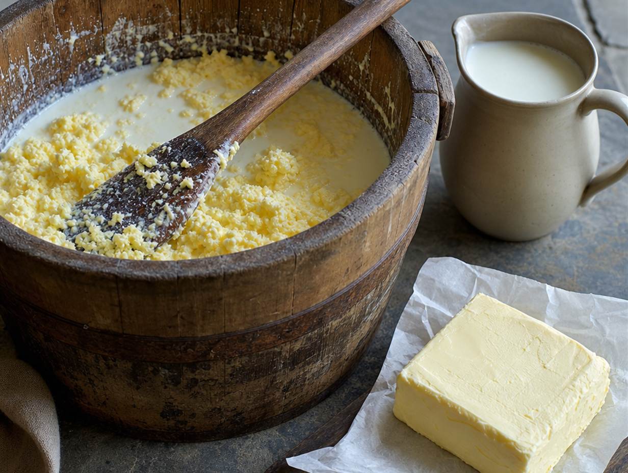 Gelbe Butterkörner und Buttermilch in einem offenen Holzbutterfass, daneben ein fertiger Butterblock