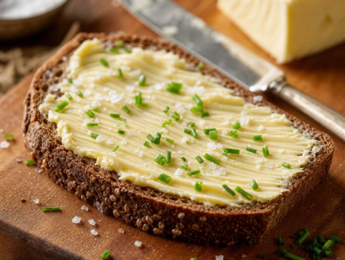 Dicke Scheibe dunkles Roggenbrot mit kalter Butter bestrichen, mit grobem Salz und Schnittlauch bestreut