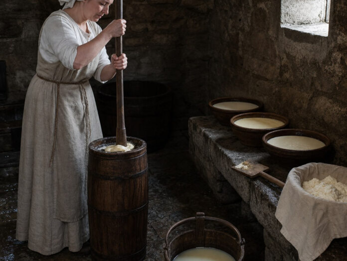 Frau stößt in einem hölzernen Butterfass, daneben flache Tonschalen mit aufgerahmter Milch, ein Butterbrett und ein Tuch mit Quark