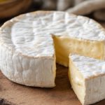Angeschnittener Camembert mit weißer Rinde auf einem Holzbrett