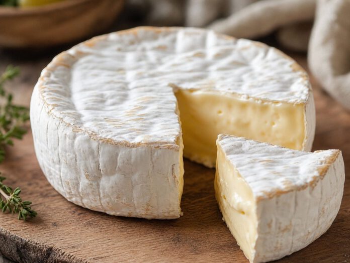 Angeschnittener Camembert mit weißer Rinde auf einem Holzbrett