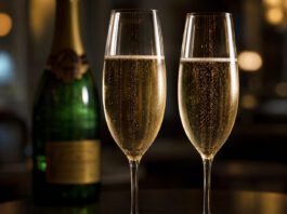 Zwei hohe Champagnergläser mit blassgoldenem Schaumwein und feiner aufsteigender Perlenschnur auf dunklem Tisch
