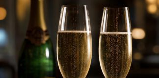 Wie schmeckt Champagner? Zwei hohe Champagnergläser mit blassgoldenem Schaumwein und feiner aufsteigender Perlenschnur auf dunklem Tisch