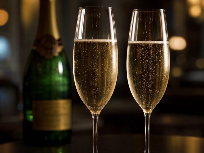Zwei hohe Champagnergläser mit blassgoldenem Schaumwein und feiner aufsteigender Perlenschnur auf dunklem Tisch
