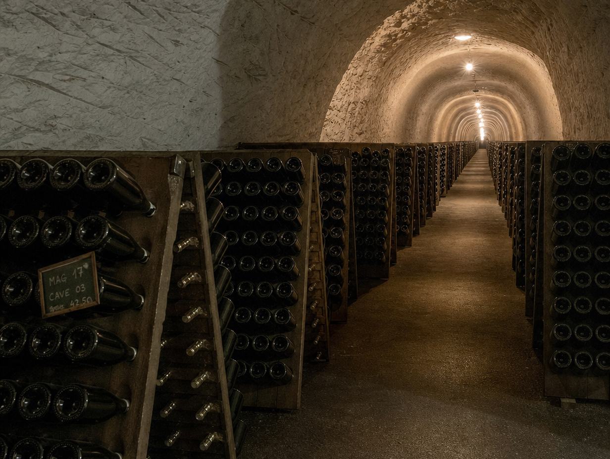 Lange Reihen liegender Champagnerflaschen auf Holzgestellen in einem gewölbten weißen Kreidekeller