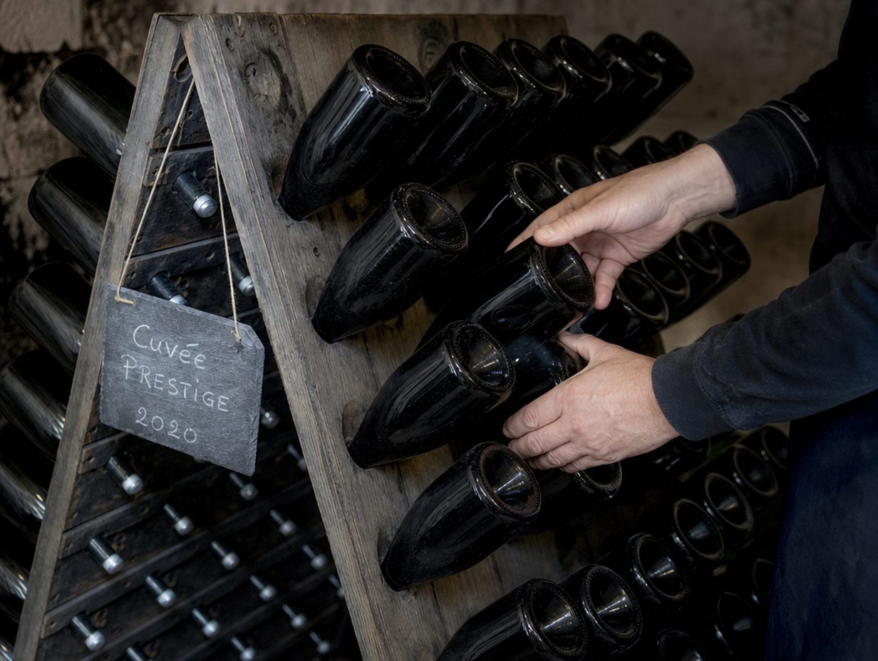 Hölzernes Rüttelpult mit schräg nach unten gestellten Champagnerflaschen, Hände drehen eine Flasche